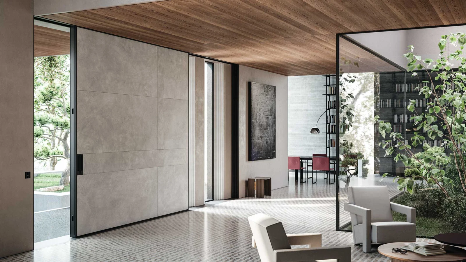 Oikos Vela entrance with an architectural surface finish.